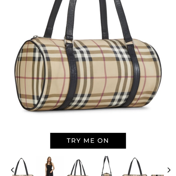 USED BEIGE VINTAGE CHECK COATED CANVAS BARREL BAG - Picture 5 of 5